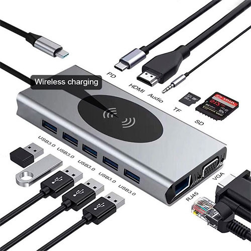 Док-станция USB C 15 в 1, совместимый с типом C и HDMI, VGA, RJ45, USB3.0, устройство чтения карт памяти SD / TF с зарядкой PD для USB-концентратора Macbook Pro | MobileTm