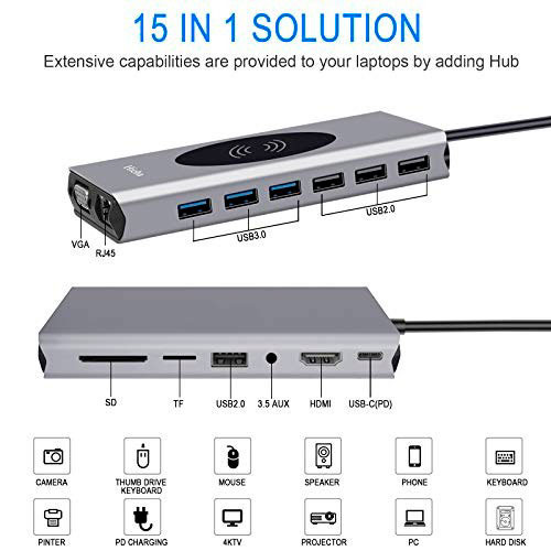 Док-станция USB C 15 в 1, совместимый с типом C и HDMI, VGA, RJ45, USB3.0, устройство чтения карт памяти SD / TF с зарядкой PD для USB-концентратора Macbook Pro | MK00473