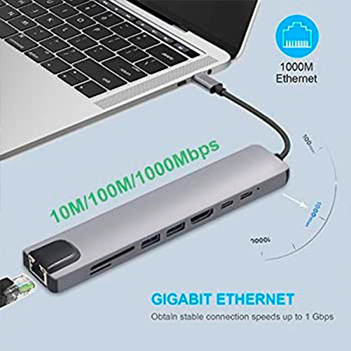 Алюминиевый адаптер Tobo 8 в 1 типа C с портом HDMI 4K, портом Ethernet 1000 Мбит/с, RJ45, 2 портами USB 3.0, подачей питания USB-C, | MK00203