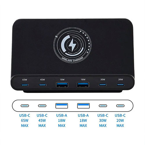 Зарядное устройство мощностью 160 Вт с 4 портами Type-C и 2 портами USB, поддержка беспроводной зарядки QI | MK03465